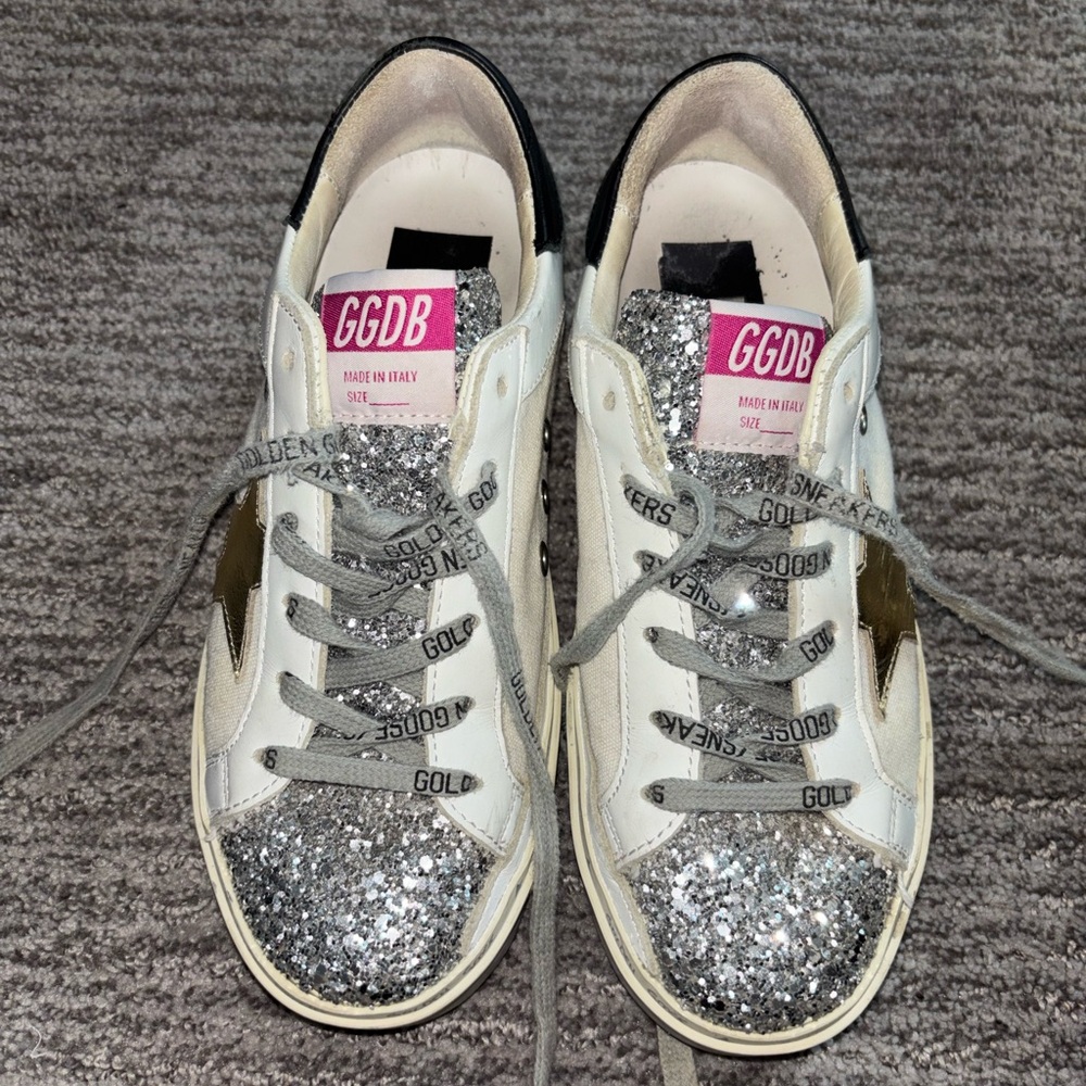 Golden Goose White and Silver Glitter High Star Sneakers- great condition